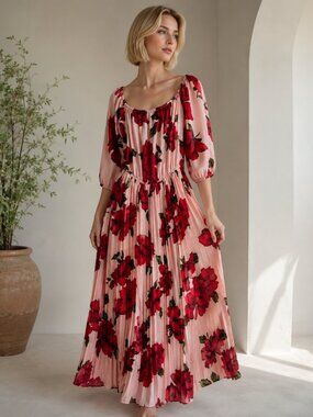 Pink Floral Pleated Midi Dress | Off Shoulder Boho Dress Romantic Spring Summer